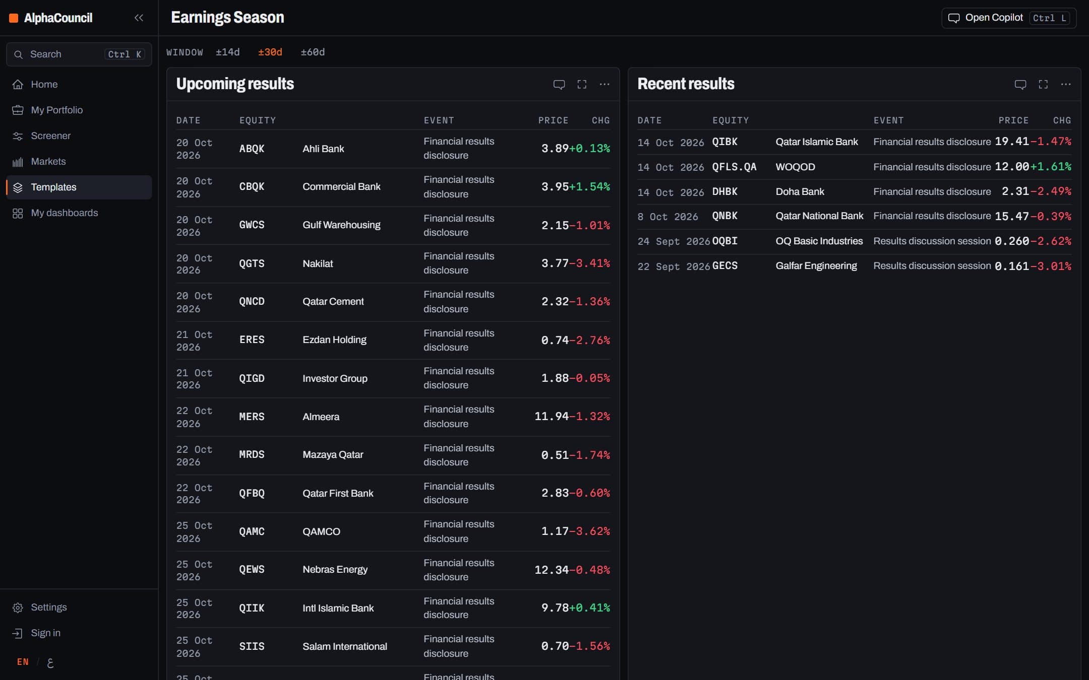 Screen of the Earnings Season template