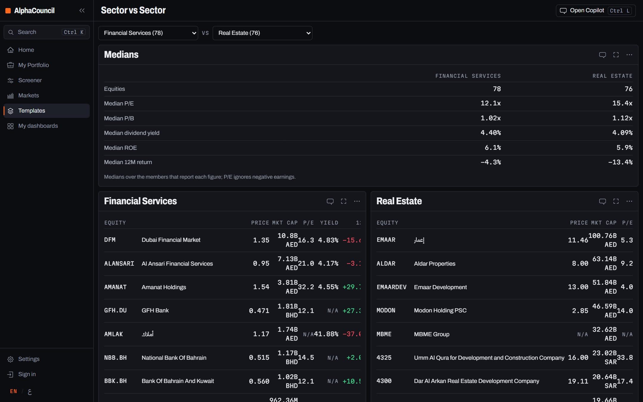 Screen of the Sector vs Sector template